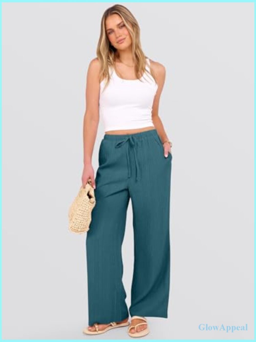 Wide Leg Beach Pants Elastic Waist Flowy Palazzo Trousers with Pockets - Picture 6 of 7